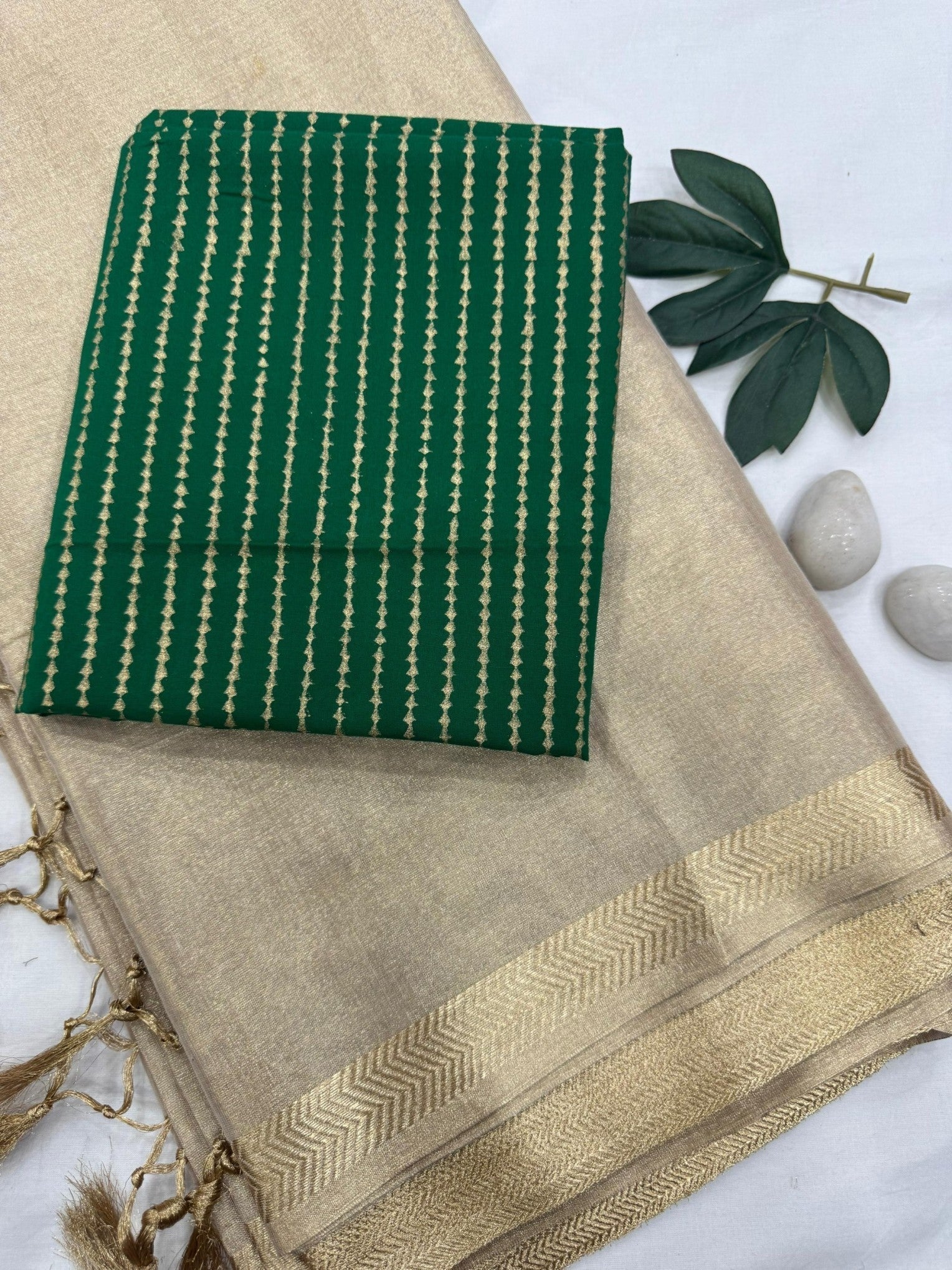 Gold Tissue Saree with Bottle Green Stripes Print Blouse Fabric – Designer Wholesale Saree for Retailers